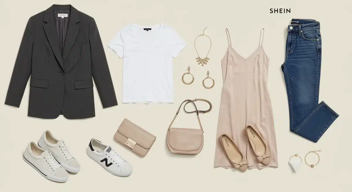 Flat lay of 8 essential Shein capsule wardrobe items