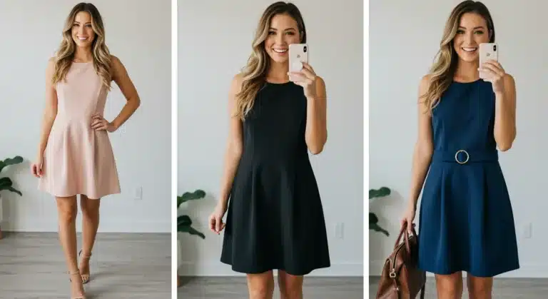Woman styling a single Shein dress for casual, office, and evening looks, demonstrating versatility.