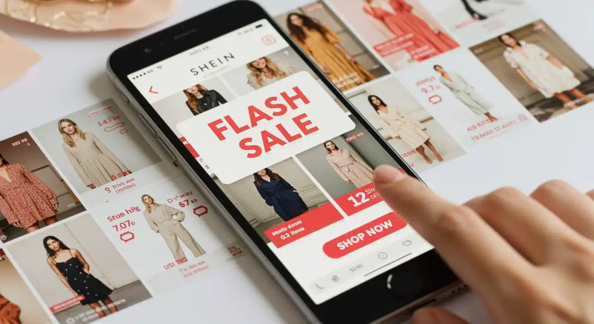 Shein app flash sale notification with trendy clothes and countdown timer for limited-time offers.