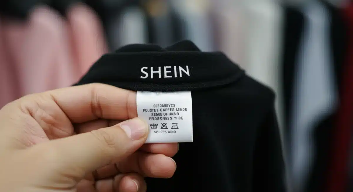 Close-up of a Shein garment tag with fabric composition details.