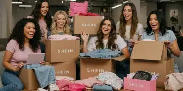 US shoppers unboxing Shein packages, displaying diverse fashion items.