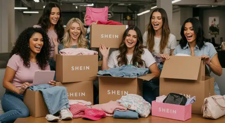 US shoppers unboxing Shein packages, displaying diverse fashion items.