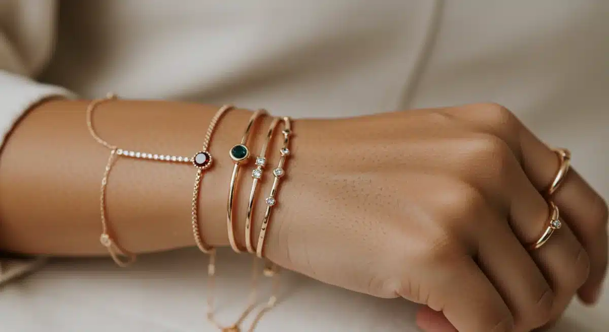 Close-up of hand wearing stylish minimalist rings and delicate bracelet from SHEIN.