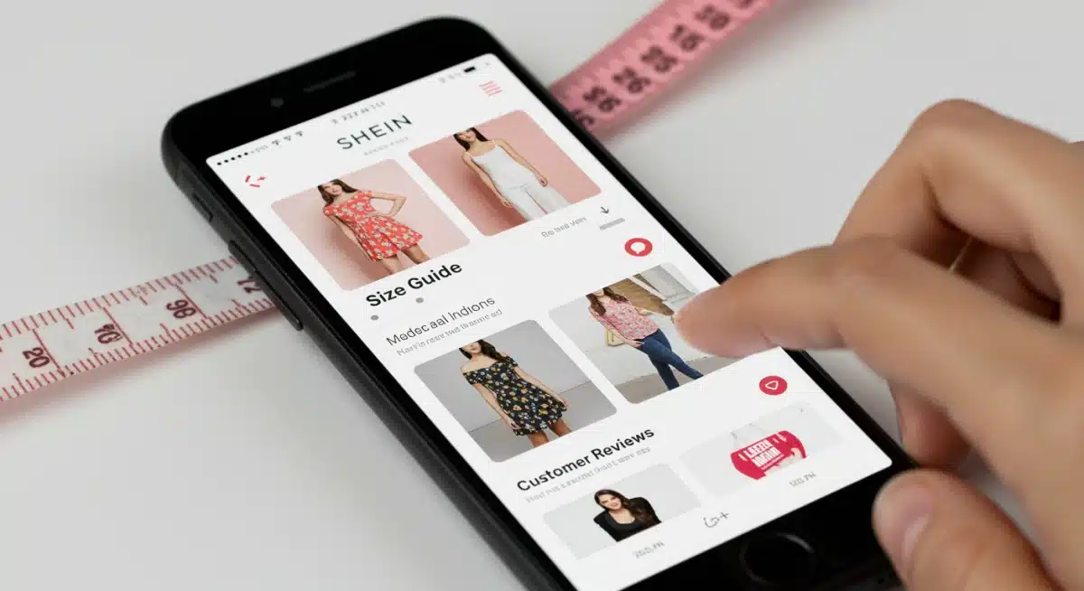 Shein product page with size guide and customer reviews highlighted on smartphone