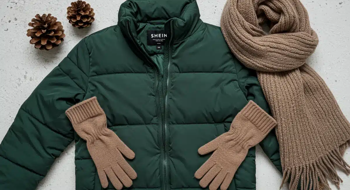 SHEIN emerald green puffer jacket with winter accessories flat lay