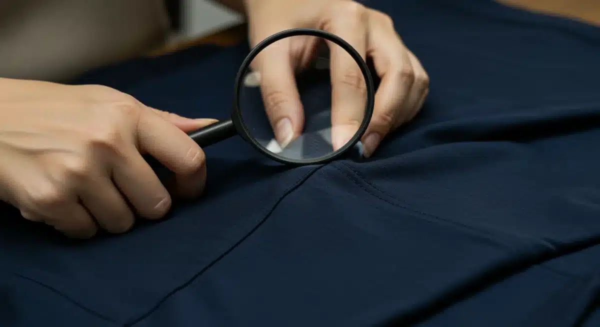 Hands inspecting stitching and fabric quality of a Shein garment