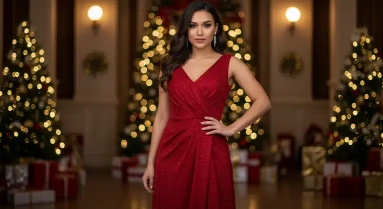 Elegant woman in a red sequin SHEIN dress for 2025 holiday season glam, under $100.