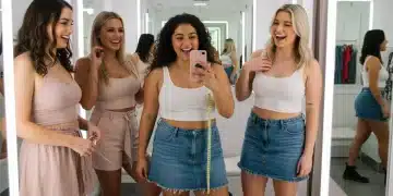 Diverse women confidently trying on Shein clothes, emphasizing perfect fit