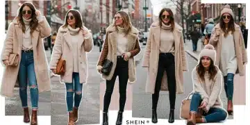 Trendy women showcasing Shein winter and transitional fashion deals for January 2025 in a US city setting.