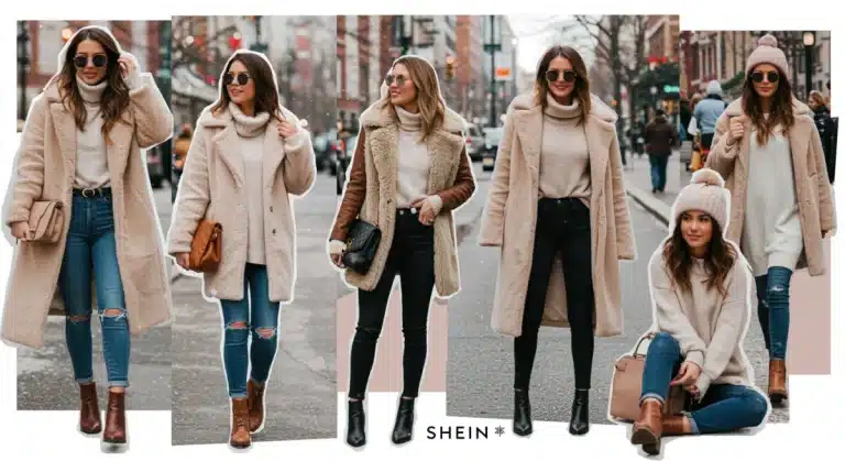 Trendy women showcasing Shein winter and transitional fashion deals for January 2025 in a US city setting.