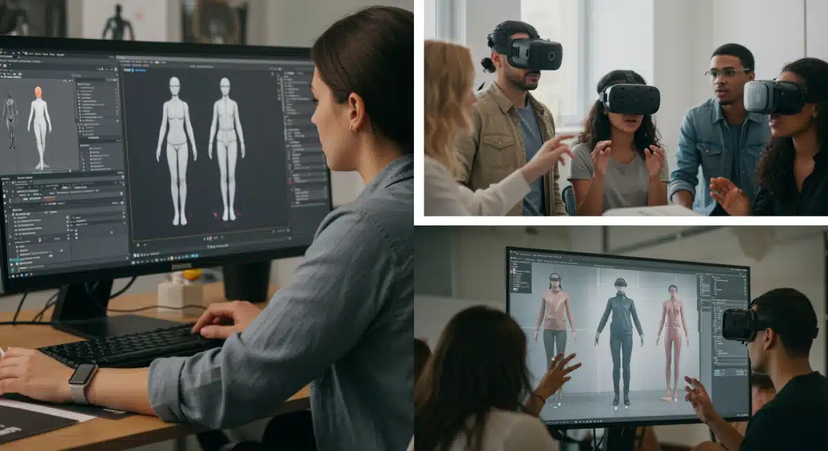 Fashion designer using 3D software and audience in VR headsets