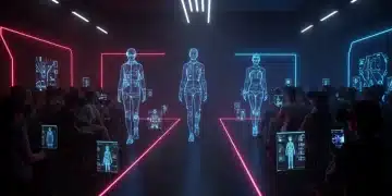 Futuristic virtual fashion show with holographic models and digital audience