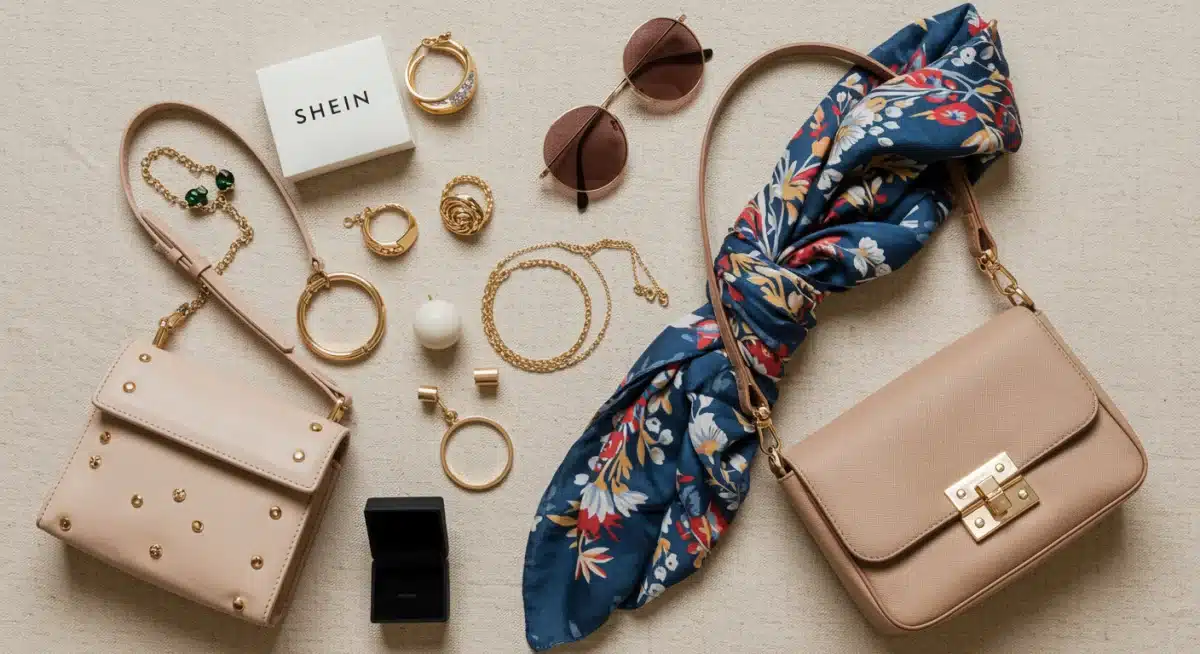 Curated Shein accessories and small fashion items on a flat lay, highlighting detail.