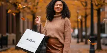 Stylish woman in 2026 SHEIN fall fashion, city background