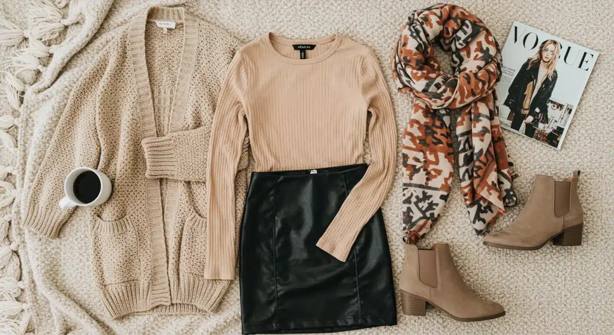 Flat lay of Shein fall fashion items, including cardigan, skirt, scarf, top, and boots