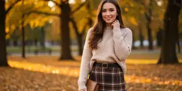 Stylish woman in Shein knit sweater and plaid skirt, fall fashion