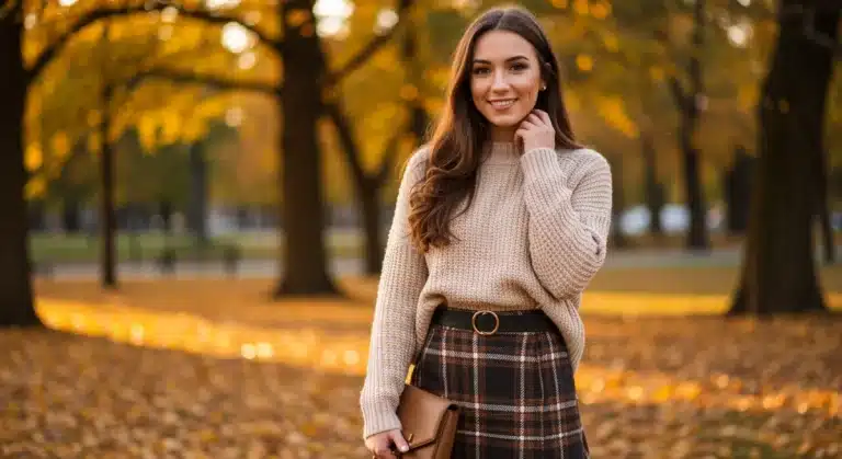 Stylish woman in Shein knit sweater and plaid skirt, fall fashion