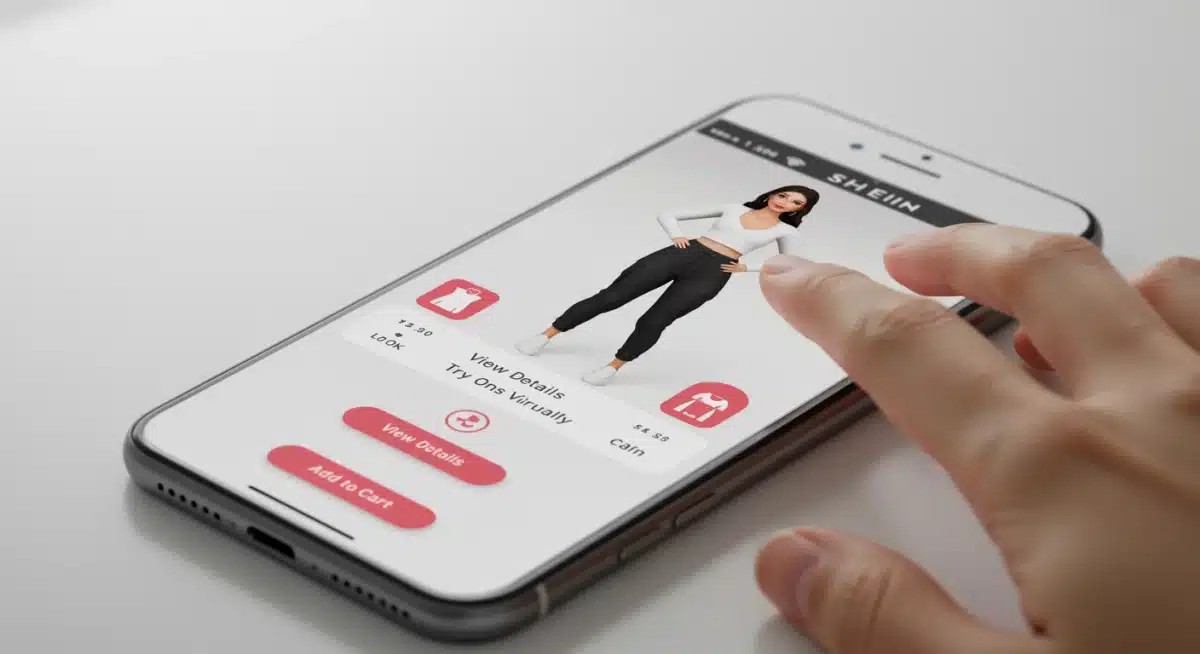 Interactive SHEIN virtual fashion show interface on a smartphone, showcasing 3D avatar and virtual try-on features