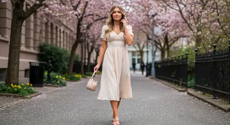 Woman in floral SHEIN spring dress, confidently walking in city street
