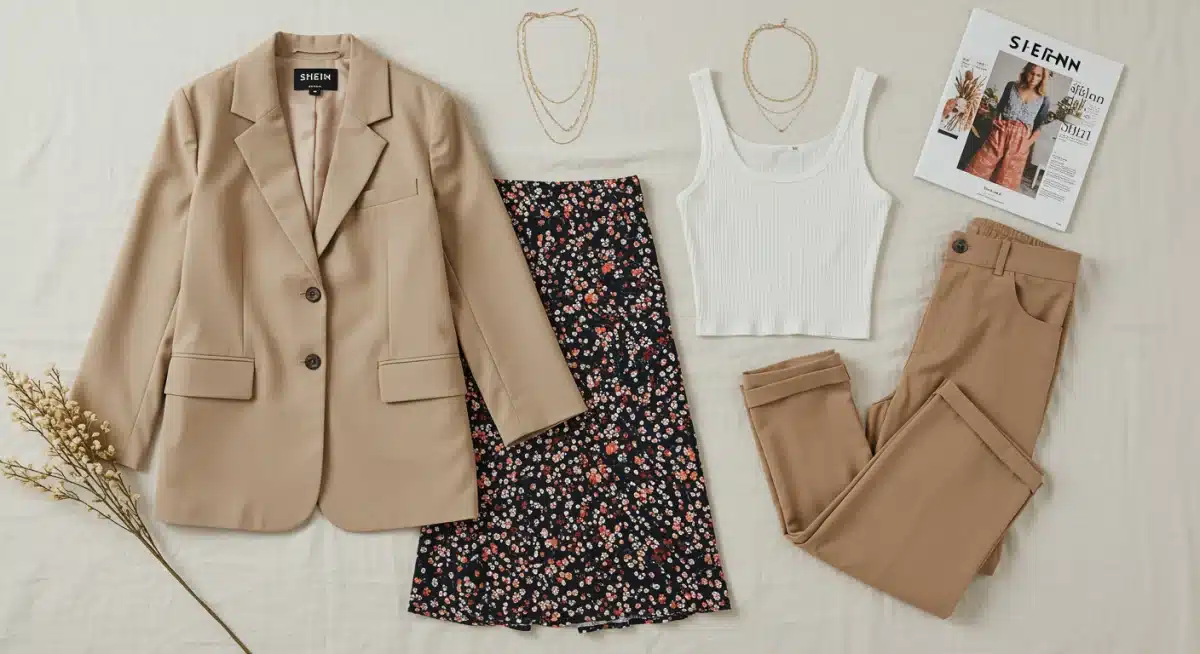 Flat lay of five essential SHEIN spring 2025 fashion pieces