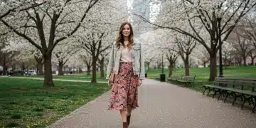 Woman in layered spring outfit, city park