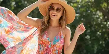 Young woman in vibrant SHEIN resort wear dress, wide-brimmed hat, and sunglasses, embodying Summer 2026 effortless style.