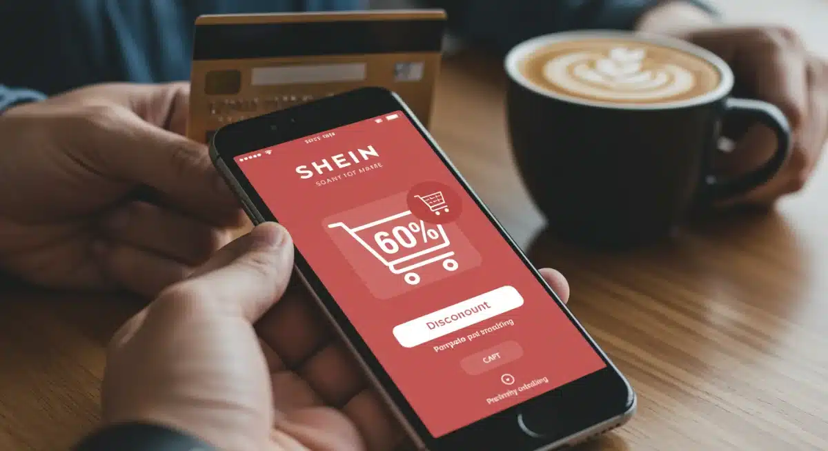 Smartphone displaying SHEIN app with discounts, illustrating strategic online shopping for savings.