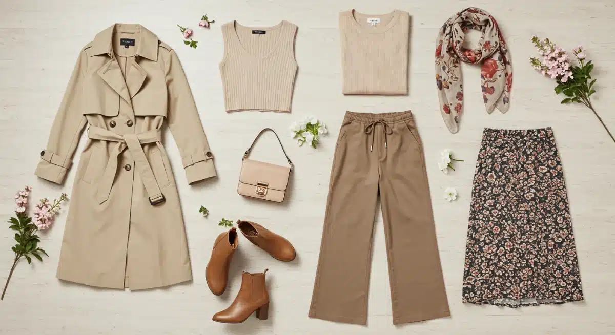Flat lay of diverse SHEIN spring fashion items for transitional weather.