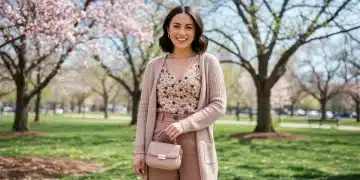 Stylish woman in layered SHEIN spring outfit in a park, embodying transitional weather fashion.