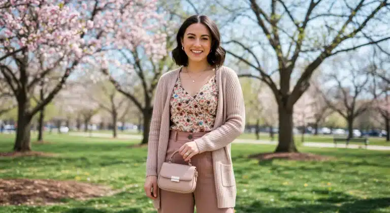 Stylish woman in layered SHEIN spring outfit in a park, embodying transitional weather fashion.
