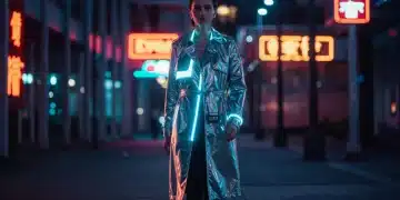 Model in futuristic silver trench coat with LED accents, embodying 2025 tech-inspired fashion.
