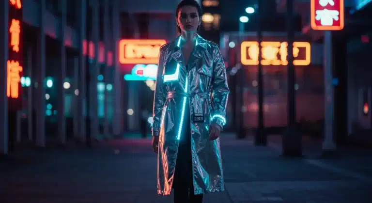 Model in futuristic silver trench coat with LED accents, embodying 2025 tech-inspired fashion.
