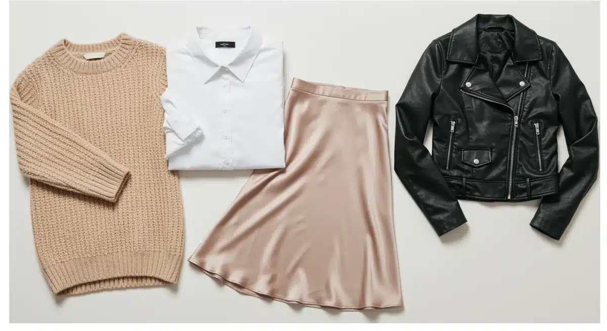 Flat lay display of various fabric textures for mindful mixing: knit, cotton, satin, and faux leather.