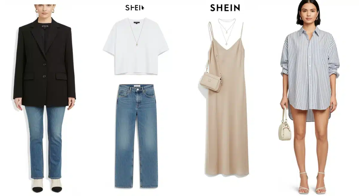 Five essential SHEIN core pieces laid out for a versatile wardrobe.