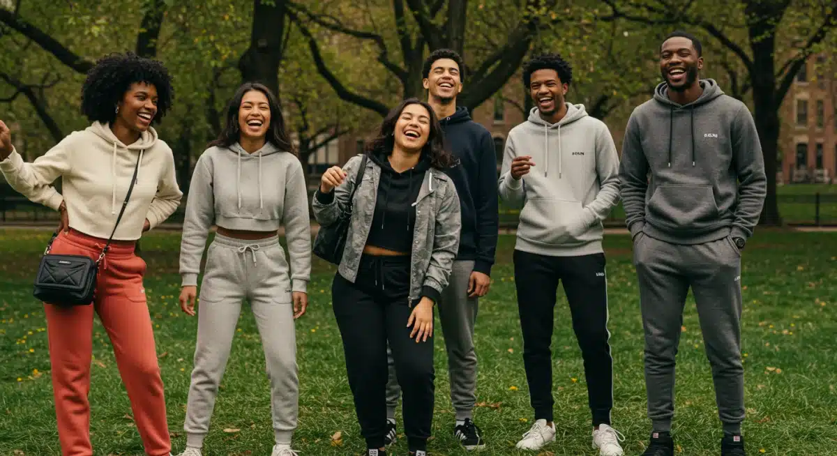 Friends showcasing SHEIN athleisure chic outfits in urban park