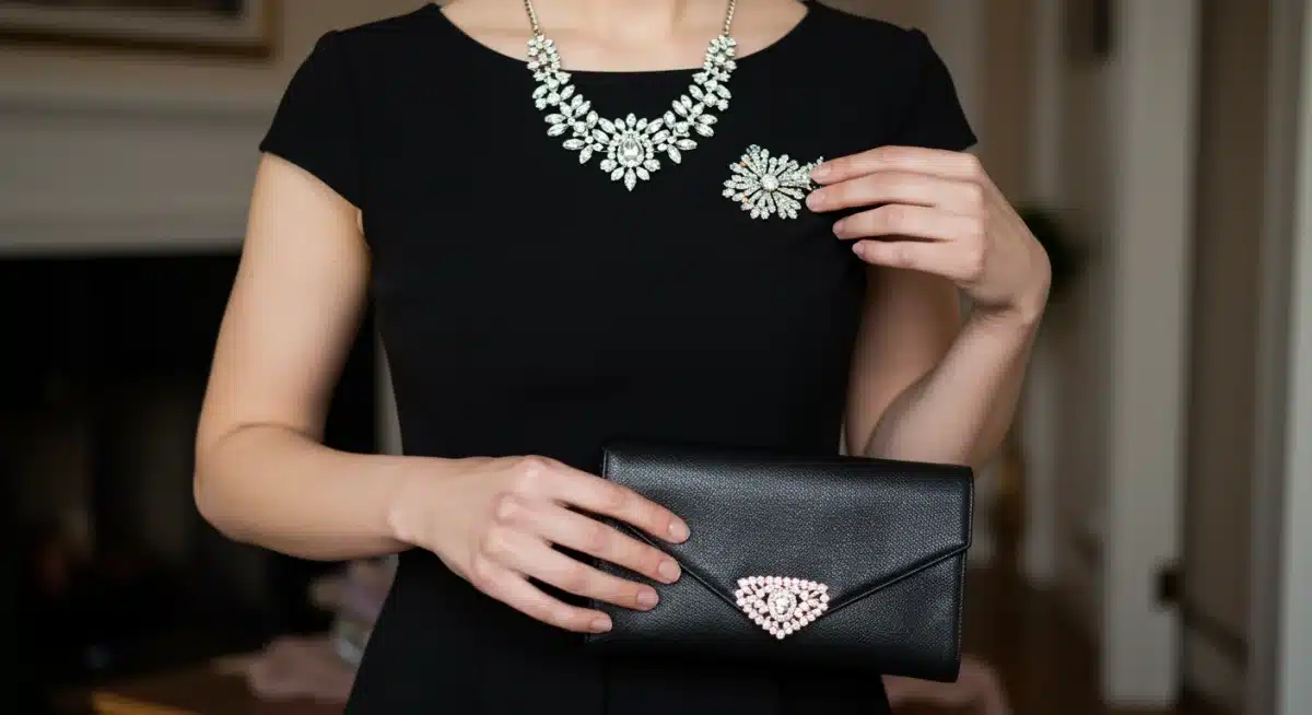 Hands accessorizing a SHEIN dress with a statement necklace and clutch for holidays.