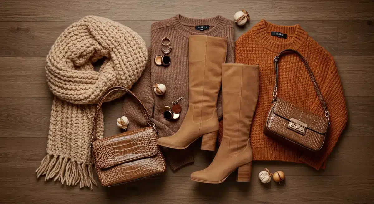 SHEIN fall 2026 accessories and garments, including knit scarf, handbag, boots, and sweater, arranged on a wooden background.