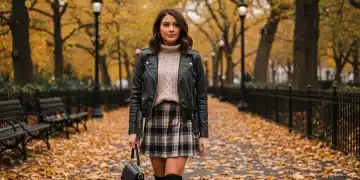 Woman in layered SHEIN fall fashion 2026, embracing cooler US trends with a stylish faux leather jacket and knitwear.