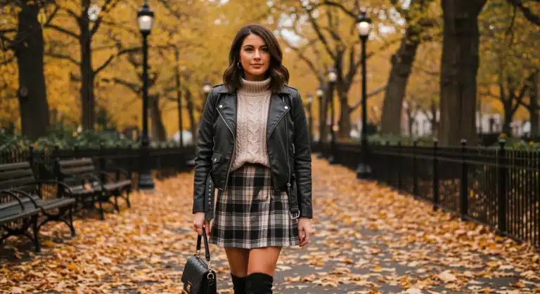 Woman in layered SHEIN fall fashion 2026, embracing cooler US trends with a stylish faux leather jacket and knitwear.