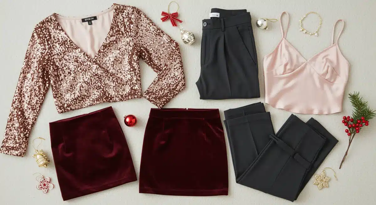 Flat lay of interchangeable SHEIN separates for versatile holiday outfits.