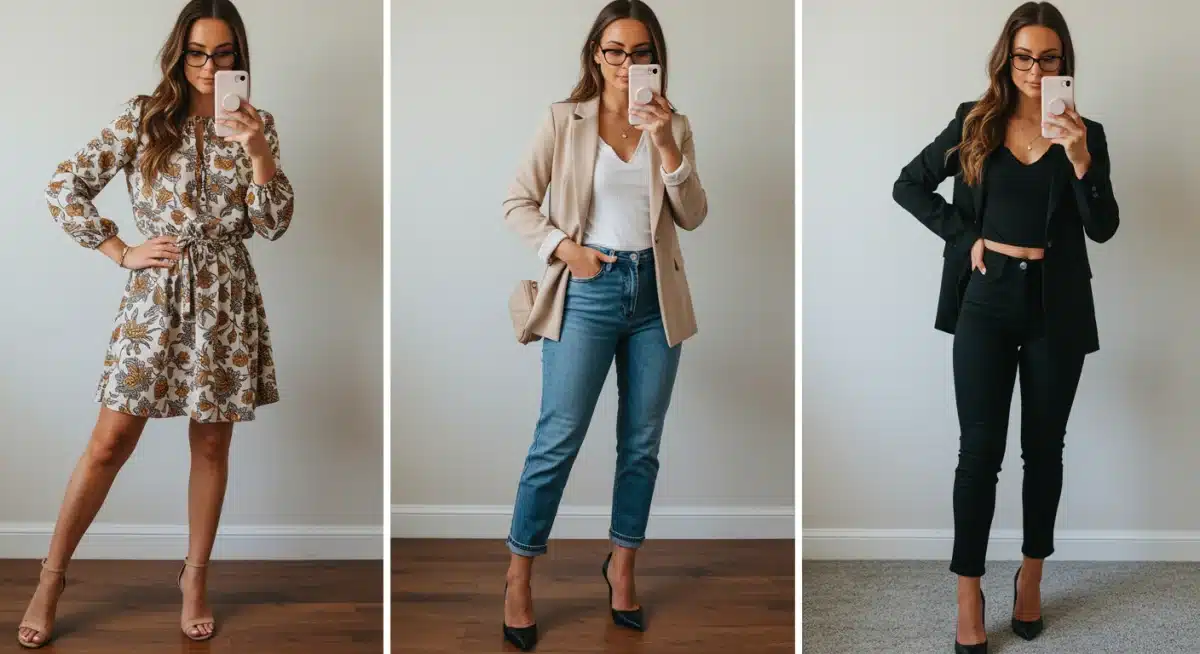 Three distinct SHEIN outfits styled from the same versatile clothing items.