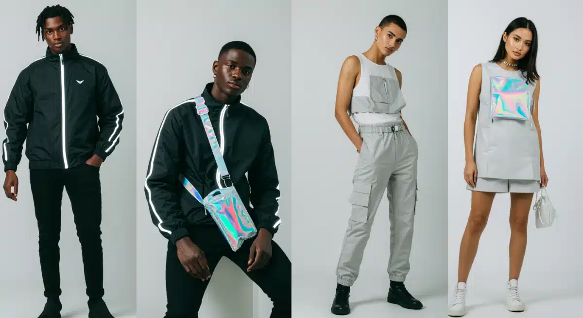 Diverse group in SHEIN tech-inspired outfits featuring luminous, holographic, and sustainable designs.