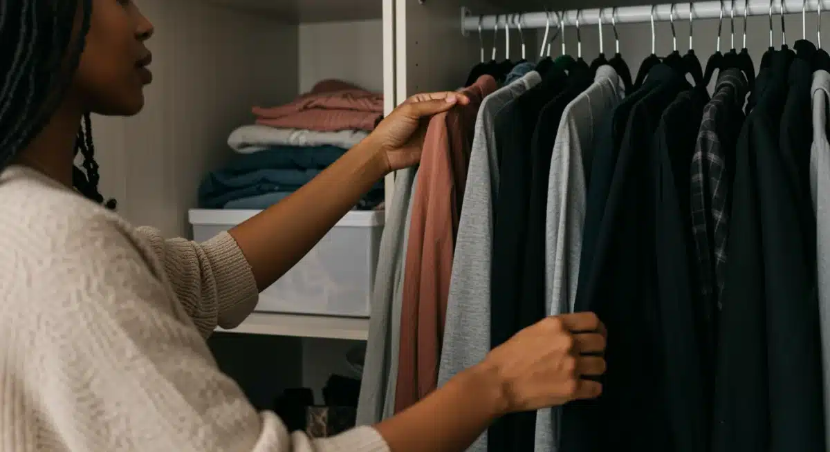 Person organizing a closet filled with SHEIN clothes, curating their wardrobe.