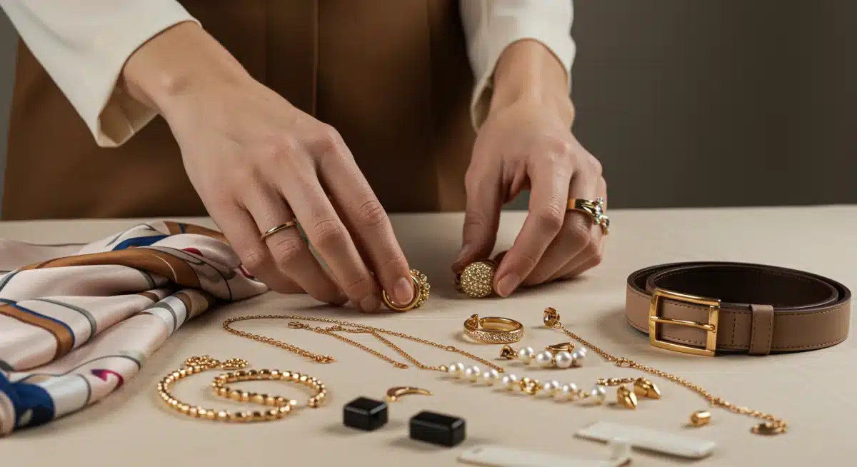 Hands strategically arranging a collection of diverse fashion accessories on a table.