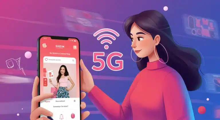 Smartphone user enjoying fast 5G mobile shopping experience on a fashion app.