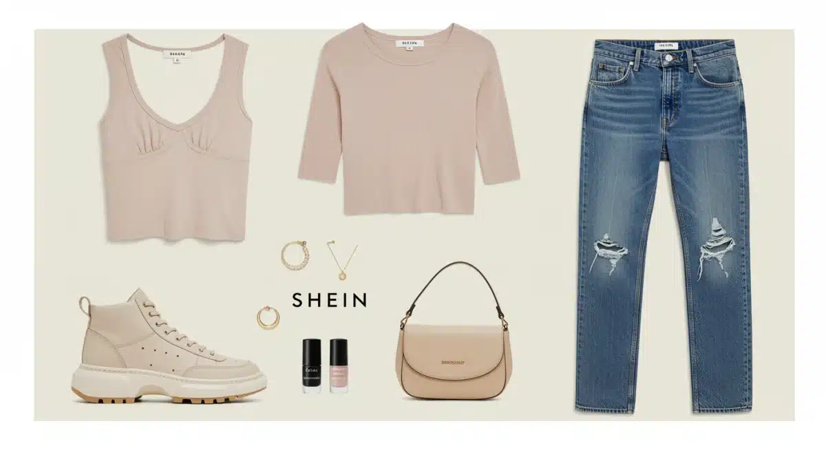 Flat lay of a complete, budget-friendly Shein outfit including top, bottoms, bag, and accessories.
