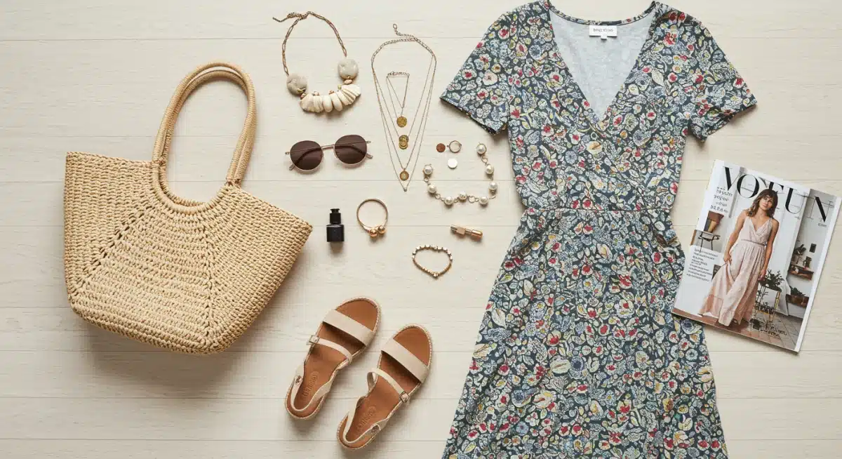 Shein 2026 Spring accessories and floral midi dress flat lay