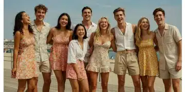 Young people enjoying summer in stylish SHEIN outfits on a sunny beach boardwalk.