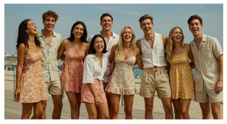 Young people enjoying summer in stylish SHEIN outfits on a sunny beach boardwalk.