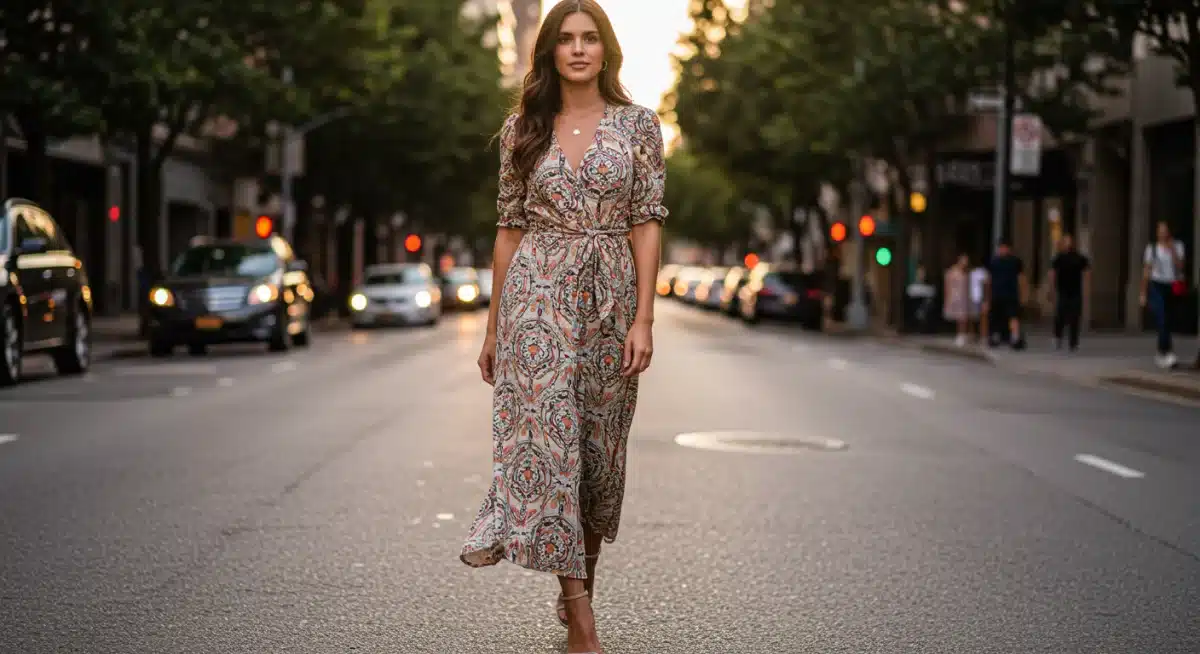 Model in elegant SHEIN maxi dress for a summer evening city stroll.